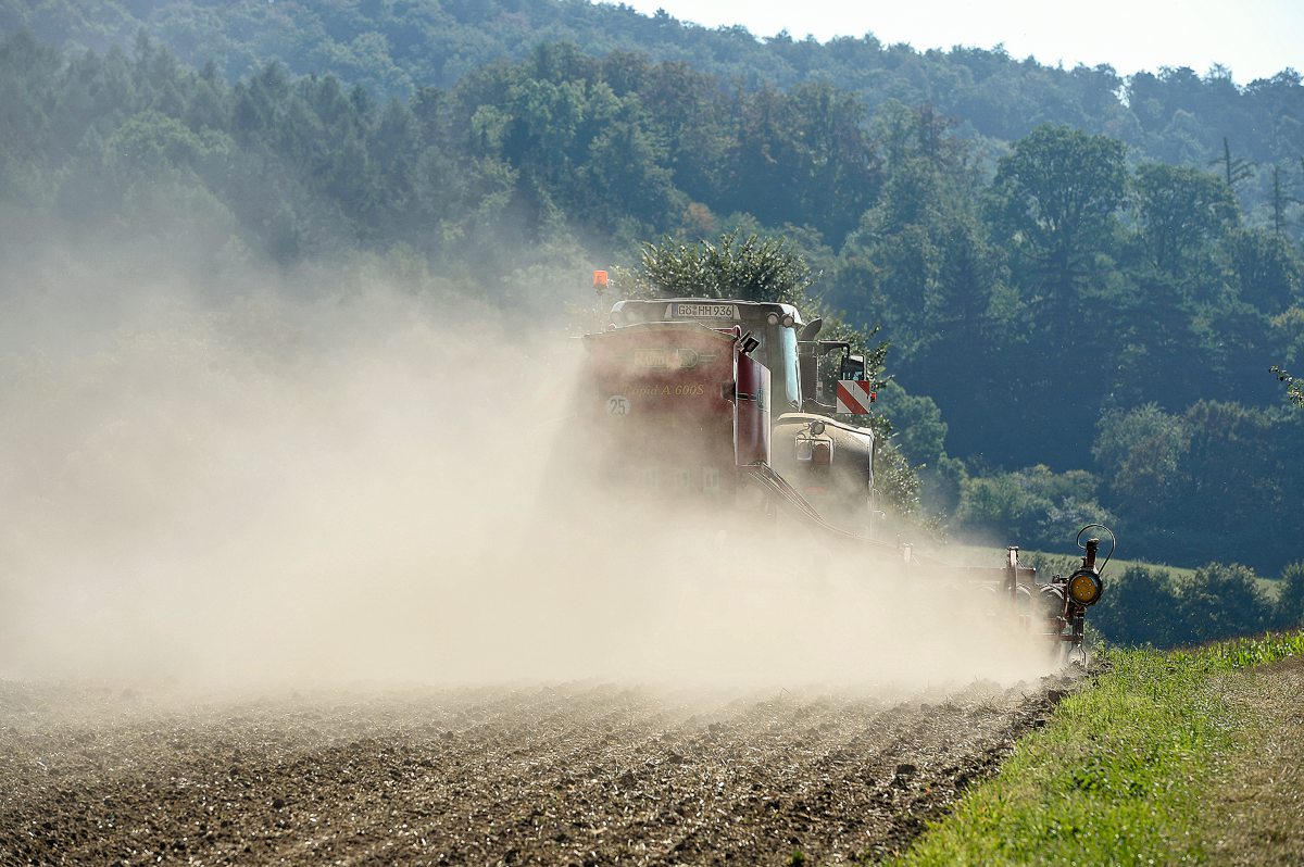 Traktor sät Raps, es staubt stark