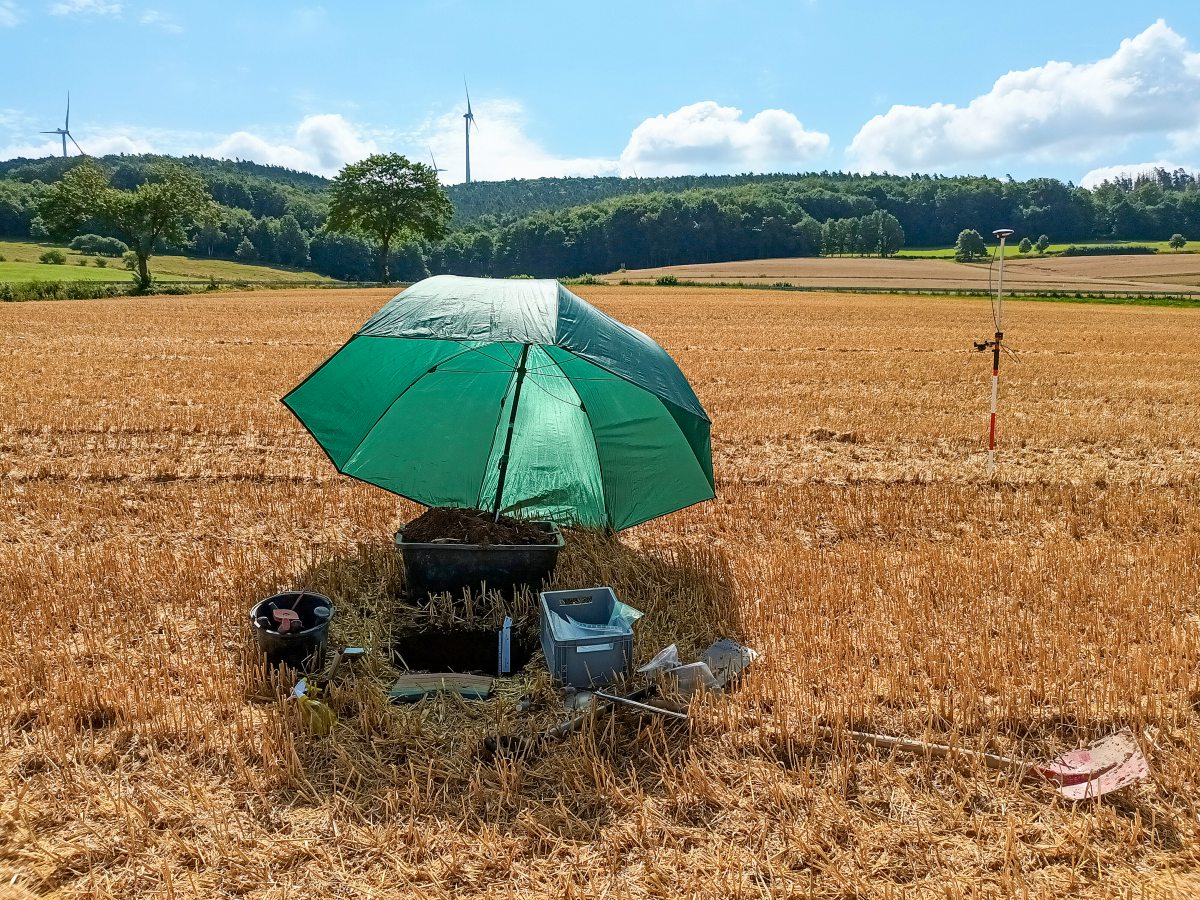 Ein Bodenprofil auf einem Acker mit einem Schirm abgedeckt