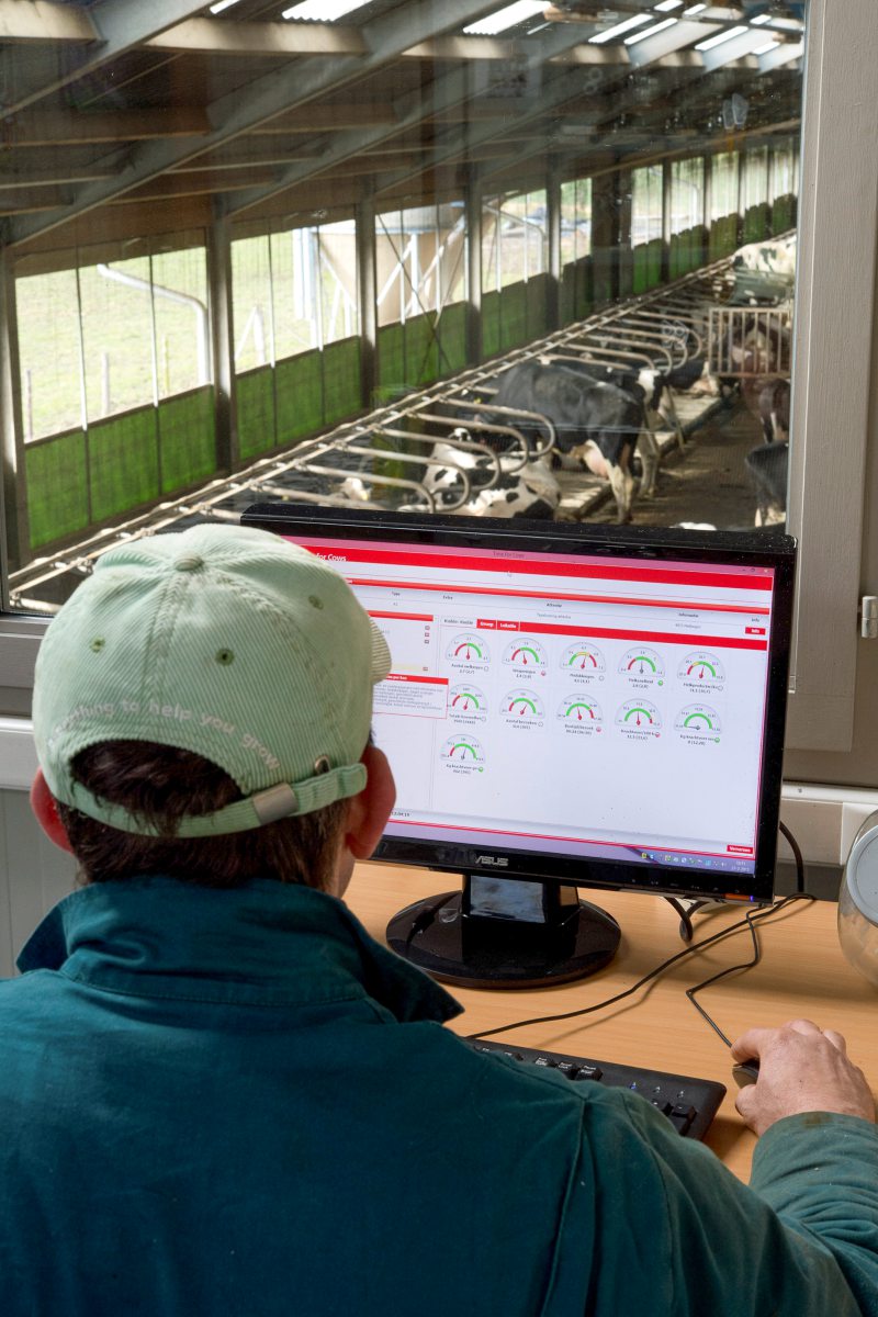 Landwirt sitzt im Stallbüro und prüft Daten des Melkroboters