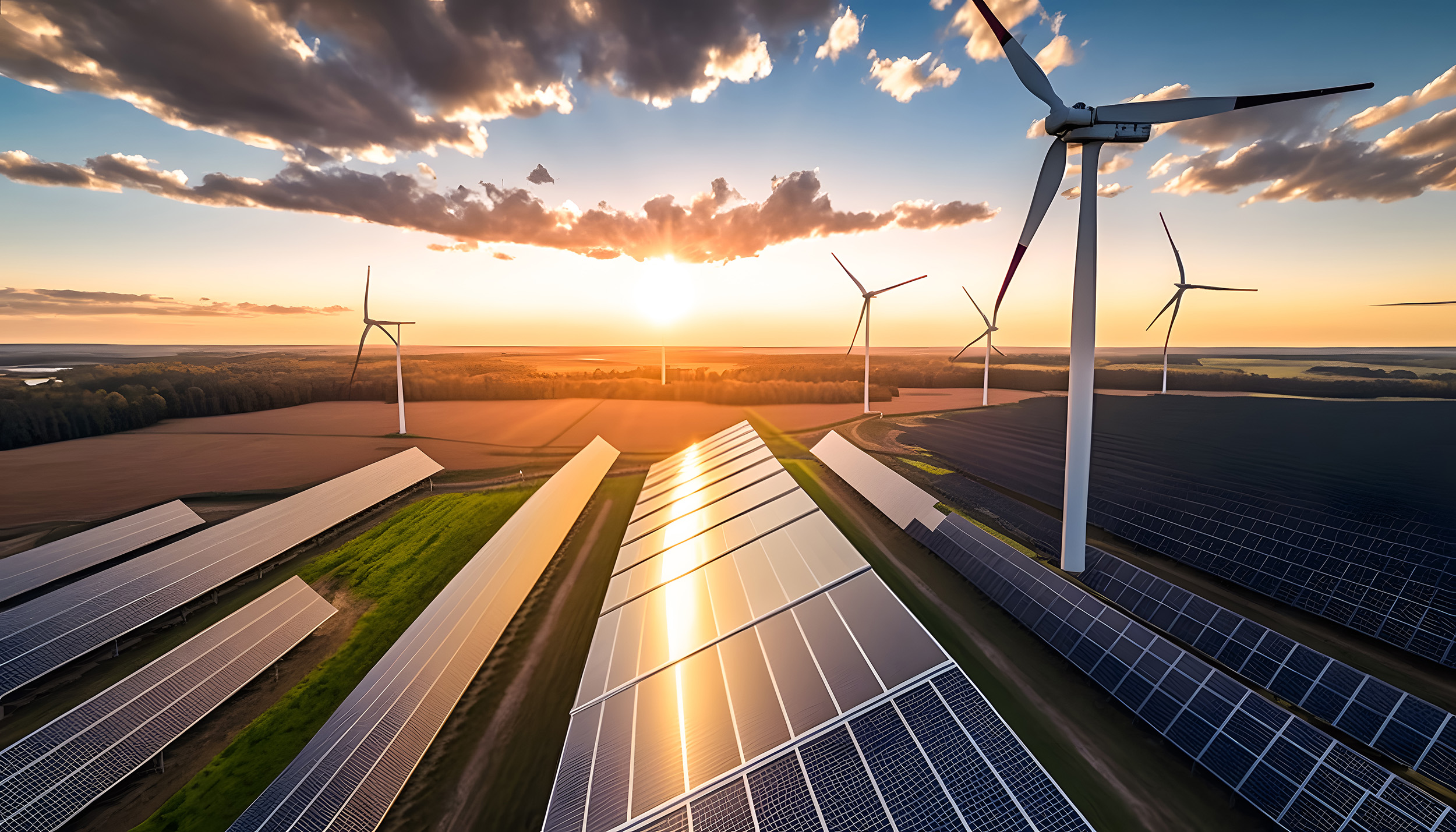 Windrad in einem Feld mit Potovoltaikmodulen auf einem Feld