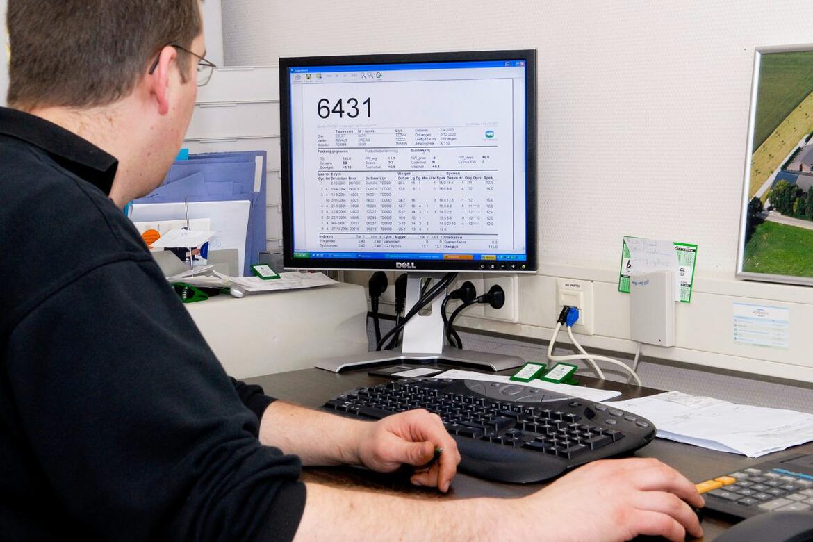 Landwirt sitzt im Stallbüro vor dem Computer
