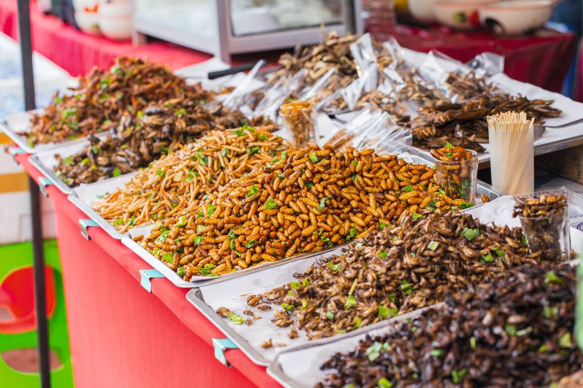 verzehrfertige Insekten an einem Marktstand 