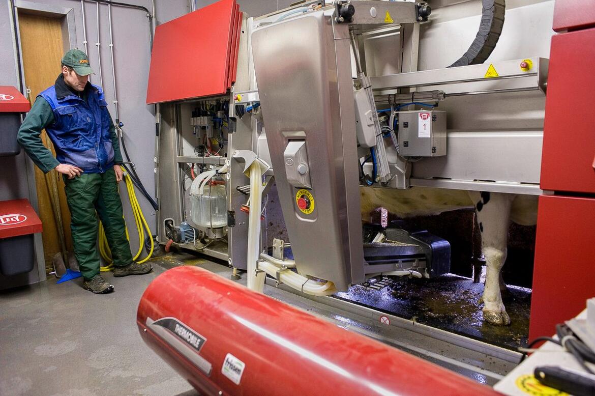 Landwirt steht neben einem Lely Melkroboter