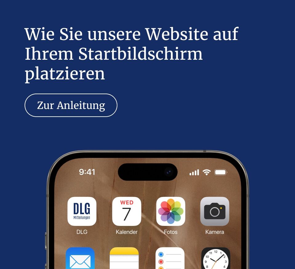 Grafik die zeigt wie man die DLG Mitteilungen-Website auf dem Homescreen eines Smartphones platziert