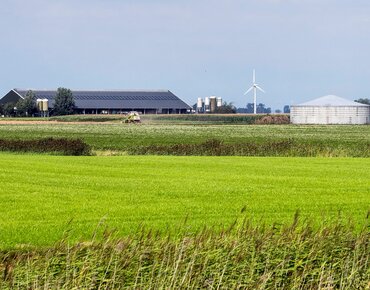 Landschaftsbild, im Hintergrund ein Milchviehbetrieb und ein Güllebehälter