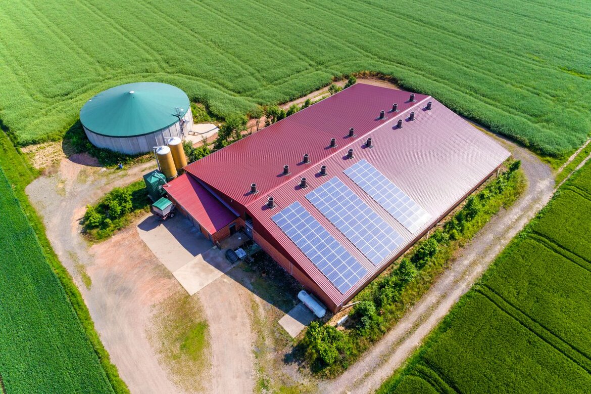Schweinestall mit Solarpanels auf dem Dach