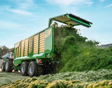 Ein Ladewagen lädt frischen Grünschnitt auf ein Silo ab