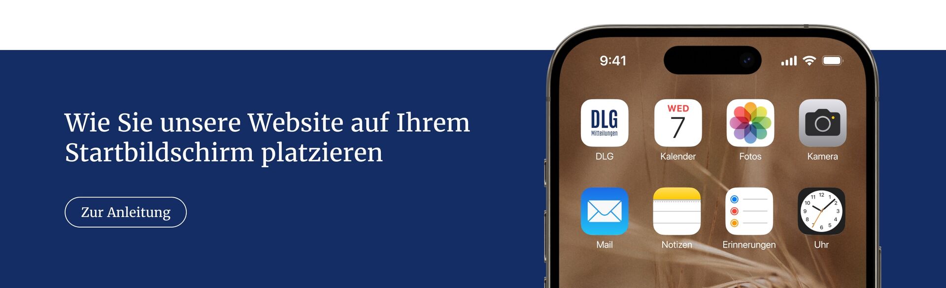 Grafik die zeigt wie man die DLG Mitteilungen-Website auf dem Homescreen eines Smartphones platziert